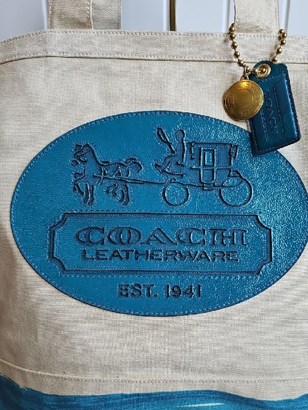 HUGE Coach Limited Edition Canvas Beach Tote - Teal Perfect Pool Bag - Picture 4 of 12